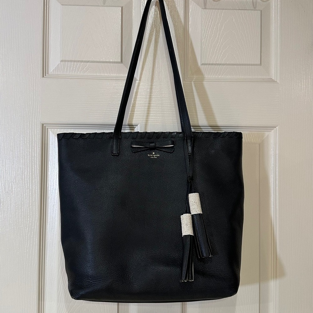 Kate Spade Black Pebbled Leather Whipstitch Bow Tassel Tote Bag Handbag